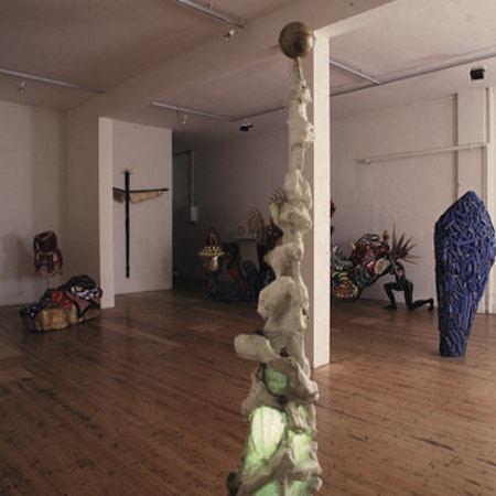 Installation view of Gilding the Lily, curated by Louise Neri, featuring works by Luanne Noble, Philip Faulks, Guiseppe Romeo, Loretta Quinn, Richard Stringer and Tim Jones. Presented at 200 Gertrude Street, 1986. Photo: Courtesy of the Gertrude archive.