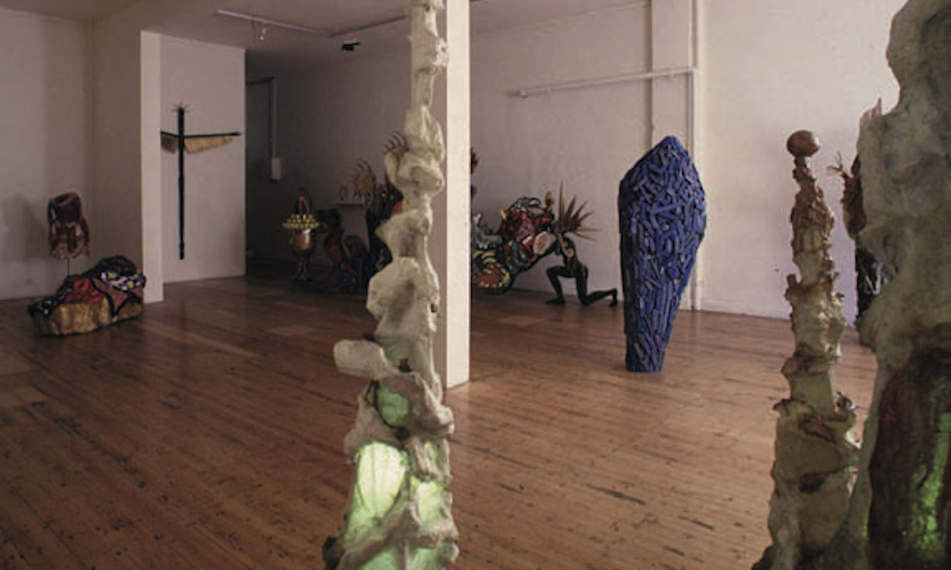 Installation view of Gilding the Lily, curated by Louise Neri, featuring works by Luanne Noble, Philip Faulks, Guiseppe Romeo, Loretta Quinn, Richard Stringer and Tim Jones. Presented at 200 Gertrude Street, 1986. Photo: Courtesy of the Gertrude archive.