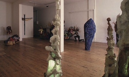 Installation view of Gilding the Lily, curated by Louise Neri, featuring works by Luanne Noble, Philip Faulks, Guiseppe Romeo, Loretta Quinn, Richard Stringer and Tim Jones. Presented at 200 Gertrude Street, 1986. Photo: Courtesy of the Gertrude archive.