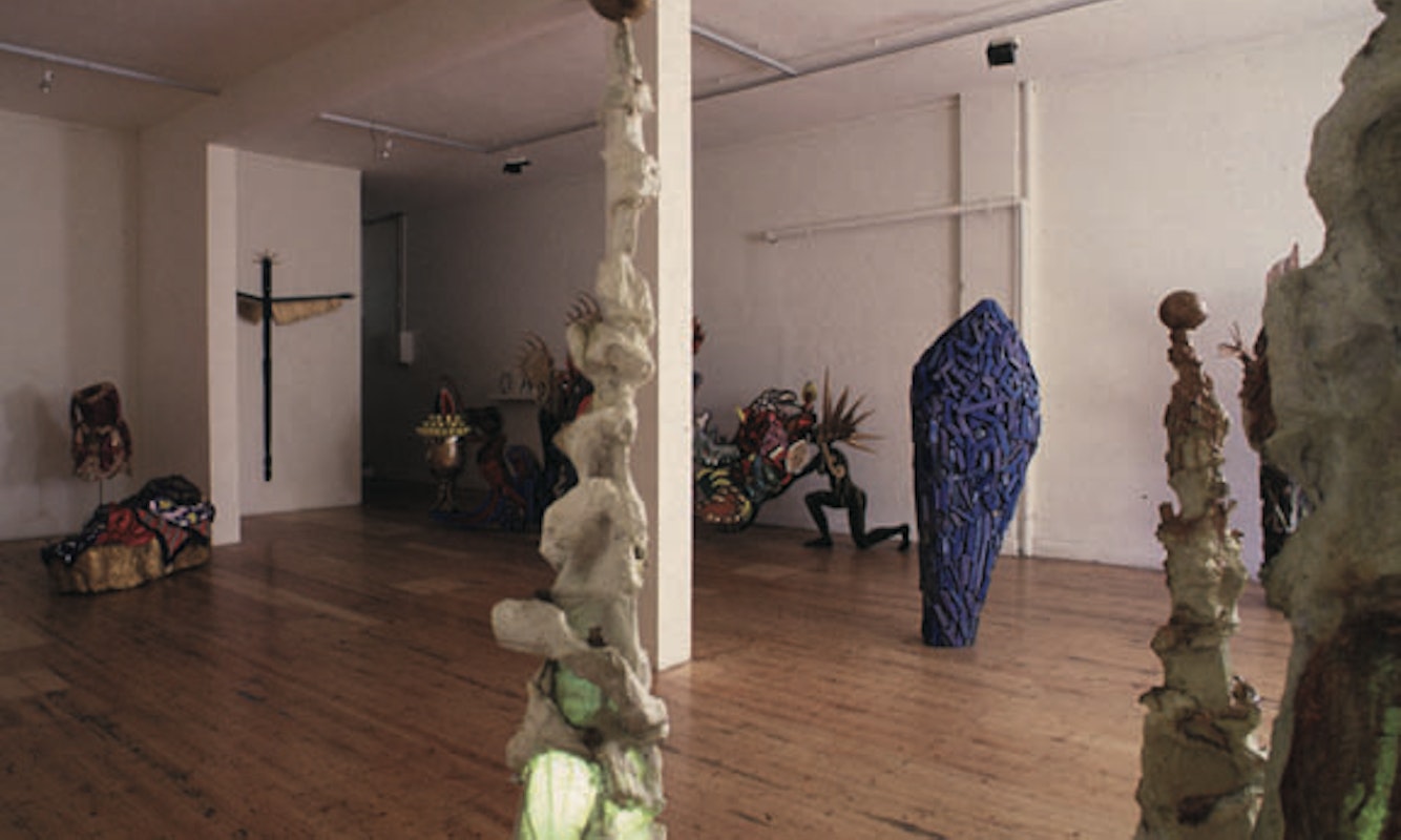 Installation view of Gilding the Lily, curated by Louise Neri, featuring works by Luanne Noble, Philip Faulks, Guiseppe Romeo, Loretta Quinn, Richard Stringer and Tim Jones. Presented at 200 Gertrude Street, 1986. Photo: Courtesy of the Gertrude archive.