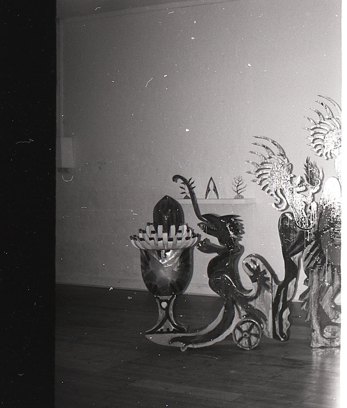 Installation view of Gilding the Lily, curated by Louise Neri, featuring works by Luanne Noble, Philip Faulks, Guiseppe Romeo, Loretta Quinn, Richard Stringer and Tim Jones. Presented at 200 Gertrude Street, 1986. Courtesy of the Gertrude archive.
