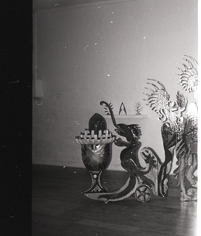 Installation view of Gilding the Lily, curated by Louise Neri, featuring works by Luanne Noble, Philip Faulks, Guiseppe Romeo, Loretta Quinn, Richard Stringer and Tim Jones. Presented at 200 Gertrude Street, 1986. Photo: Courtesy of the Gertrude archive.