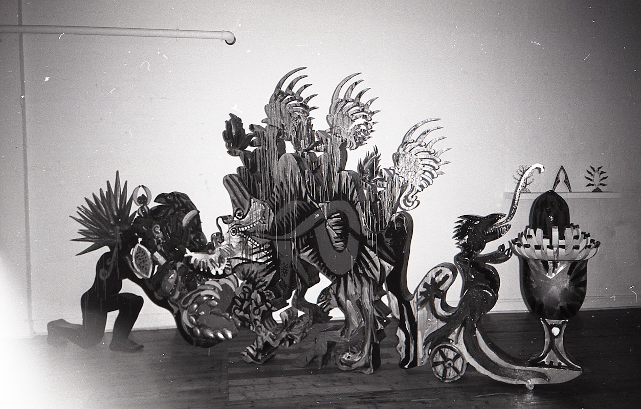 Installation view of Gilding the Lily, curated by Louise Neri, featuring works by Luanne Noble, Philip Faulks, Guiseppe Romeo, Loretta Quinn, Richard Stringer and Tim Jones. Presented at 200 Gertrude Street, 1986. Photo: Courtesy of the Gertrude archive.