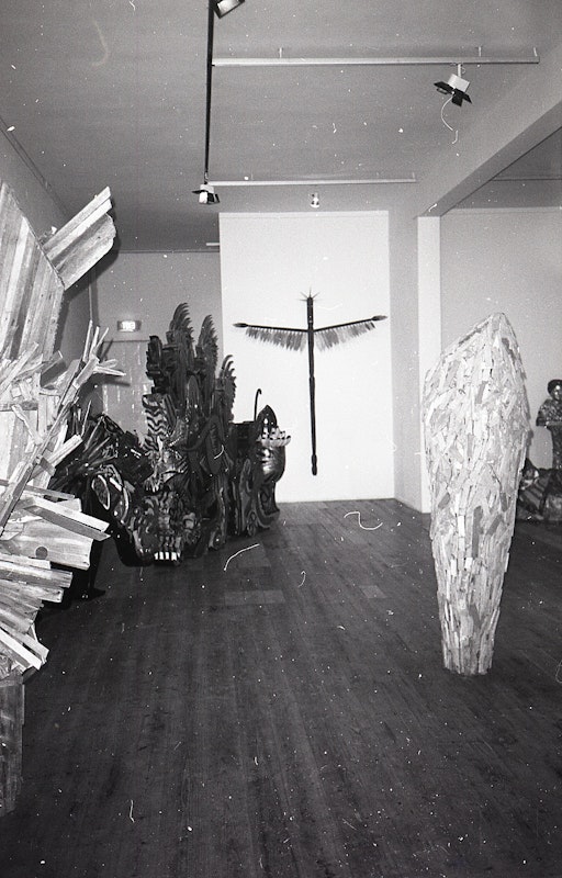 Installation view of Gilding the Lily, curated by Louise Neri, featuring works by Luanne Noble, Philip Faulks, Guiseppe Romeo, Loretta Quinn, Richard Stringer and Tim Jones. Presented at 200 Gertrude Street, 1986. Photo: Courtesy of the Gertrude archive.