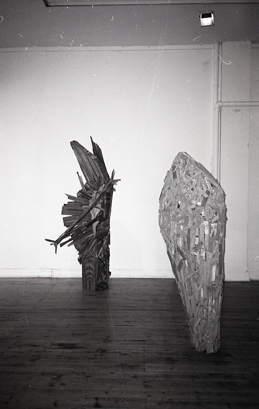 Installation view of Gilding the Lily, curated by Louise Neri, featuring works by Luanne Noble, Philip Faulks, Guiseppe Romeo, Loretta Quinn, Richard Stringer and Tim Jones. Presented at 200 Gertrude Street, 1986. Photo: Courtesy of the Gertrude archive.