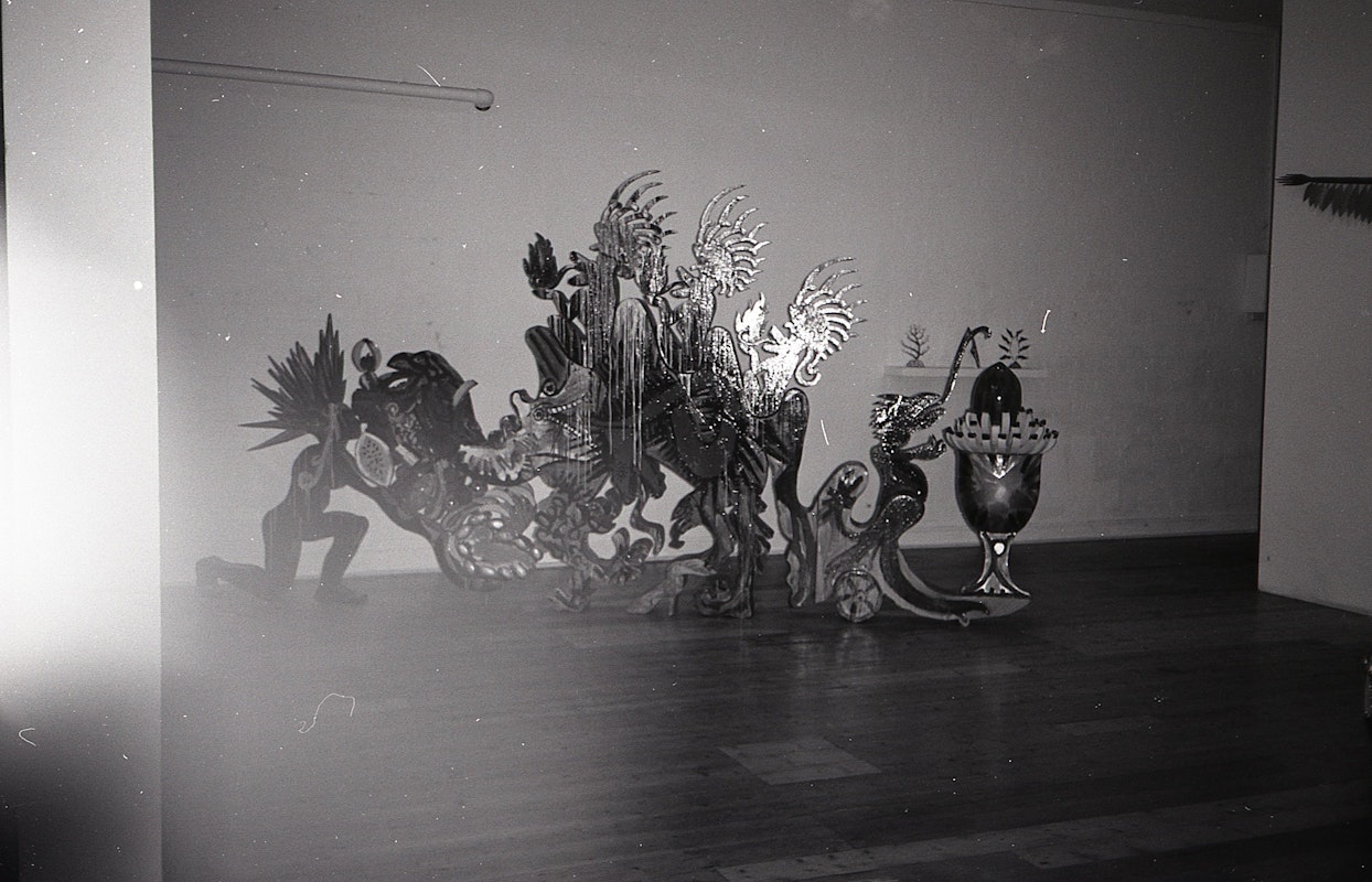 Installation view of Gilding the Lily, curated by Louise Neri, featuring works by Luanne Noble, Philip Faulks, Guiseppe Romeo, Loretta Quinn, Richard Stringer and Tim Jones. Presented at 200 Gertrude Street, 1986. Photo: Courtesy of the Gertrude archive.