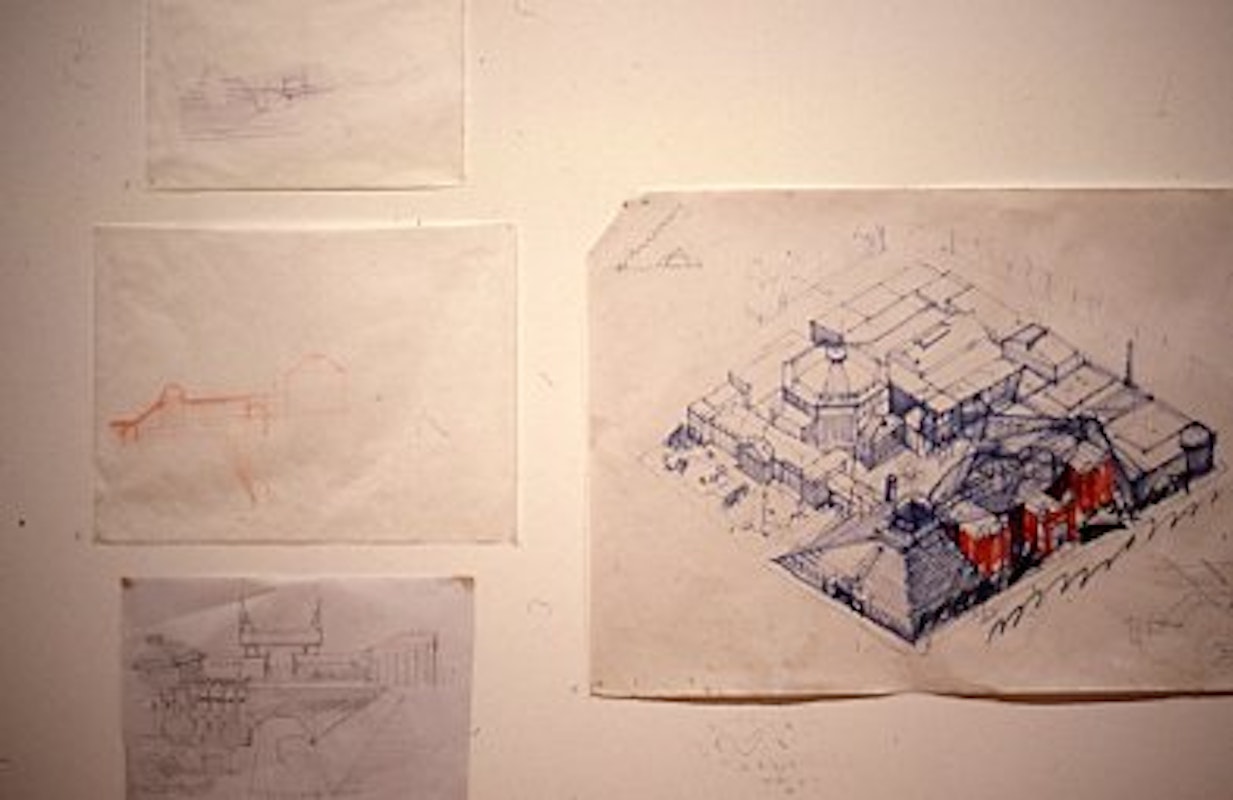 the office of Edmund and Corrigan, four works on paper, presented as part of 'Slouching Towards Bethlehem', 200 Gertrude Street, 1986. Photo: Courtesy of the Gertrude archive.