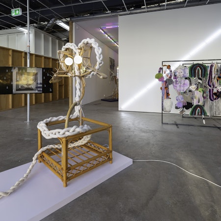 Installation view of Sarah Contos, In The Belly of Mary Shelley, presented at Gertrude Contemporary, 2023. Courtesy of the artist, Roslyn Oxley9 Gallery, Eora Sydney and STATION, Naarm Melbourne. Photo: Christian Capurro