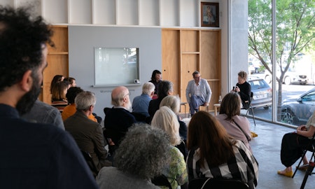 Audiences attend Sarah Contos and Lou Hubbard in conversation with Mark Feary, presented at Gertrude Contemporary, 16 September 2023. Photo: Machiko Abe