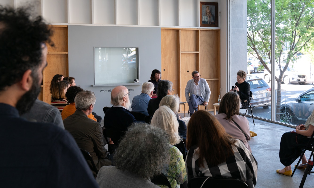 Audiences attend Sarah Contos and Lou Hubbard in conversation with Mark Feary, presented at Gertrude Contemporary, 16 September 2023. Photo: Machiko Abe