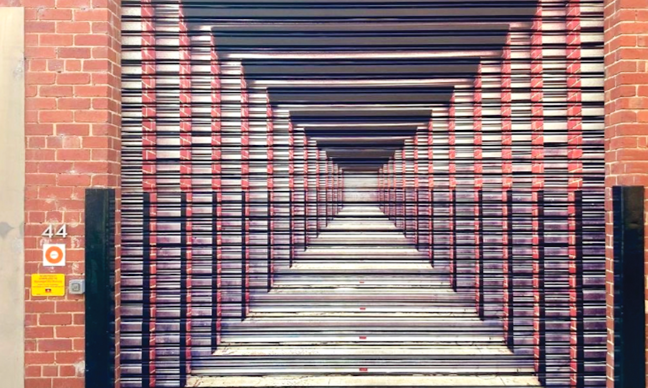 Installation view of the 2023 Glasshouse Roller Door Commission: At the end of the day, by Dan Moynihan, presented at Gertrude Glasshouse, 2023. Photo: Callum Morton