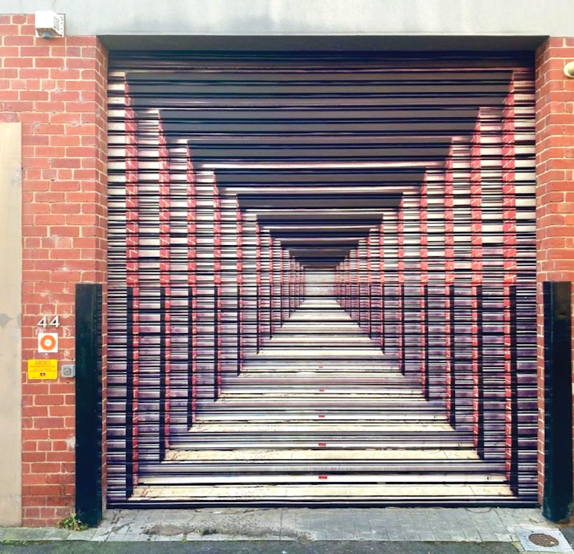 Installation view of the 2023 Glasshouse Roller Door Commission: At the end of the day, by Dan Moynihan, presented at Gertrude Glasshouse, 2023. Photo: Callum Morton