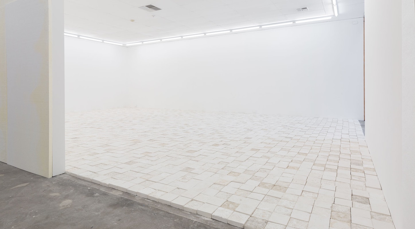 Installation view of 'And thank you to my baba for laying the timber floor' by Sarah Ujmaia, Marmoreum, presented at Gertrude Contemporary, 2024. Photo: Christian Capurro