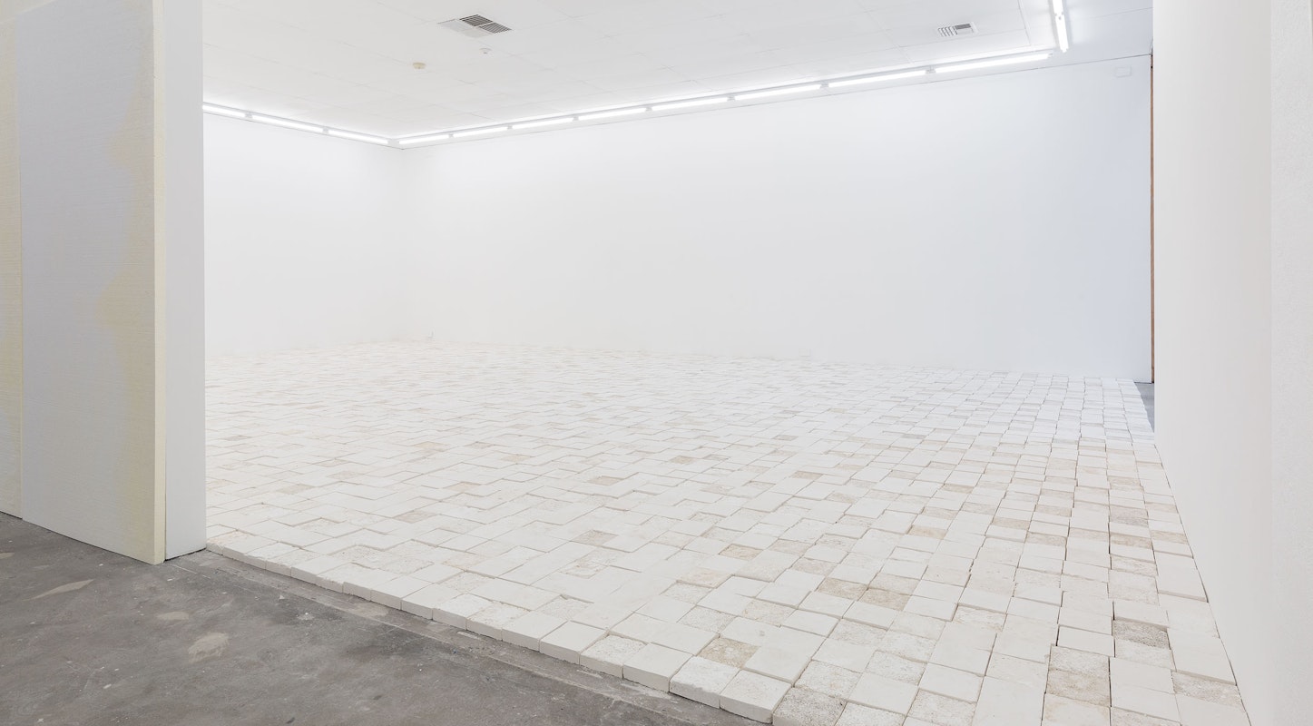 Installation view of  'And thank you to my baba for laying the timber floor' by Sarah Ujmaia, Marmoreum, presented at Gertrude Contemporary, 2024. Photo: Christian Capurro