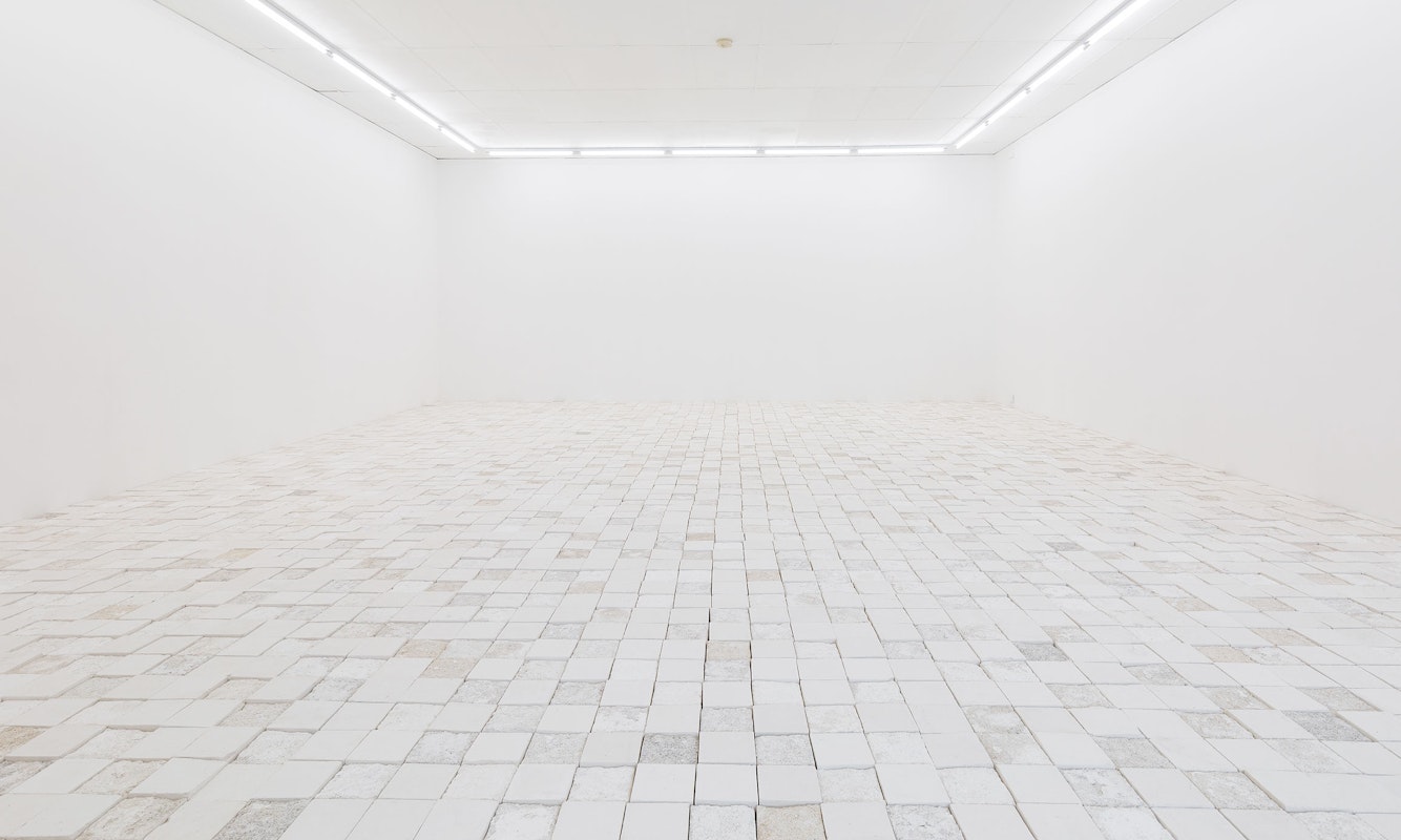 Installation view of 'And thank you to my baba for laying the timber floor' by Sarah Ujmaia, Marmoreum, presented at Gertrude Contemporary, 2024. Photo: Christian Capurro