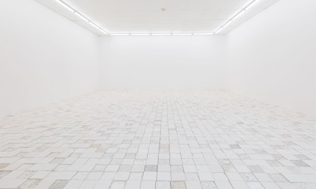 Installation view of  'And thank you to my baba for laying the timber floor' by Sarah Ujmaia, Marmoreum, presented at Gertrude Contemporary, 2024. Photo: Christian Capurro