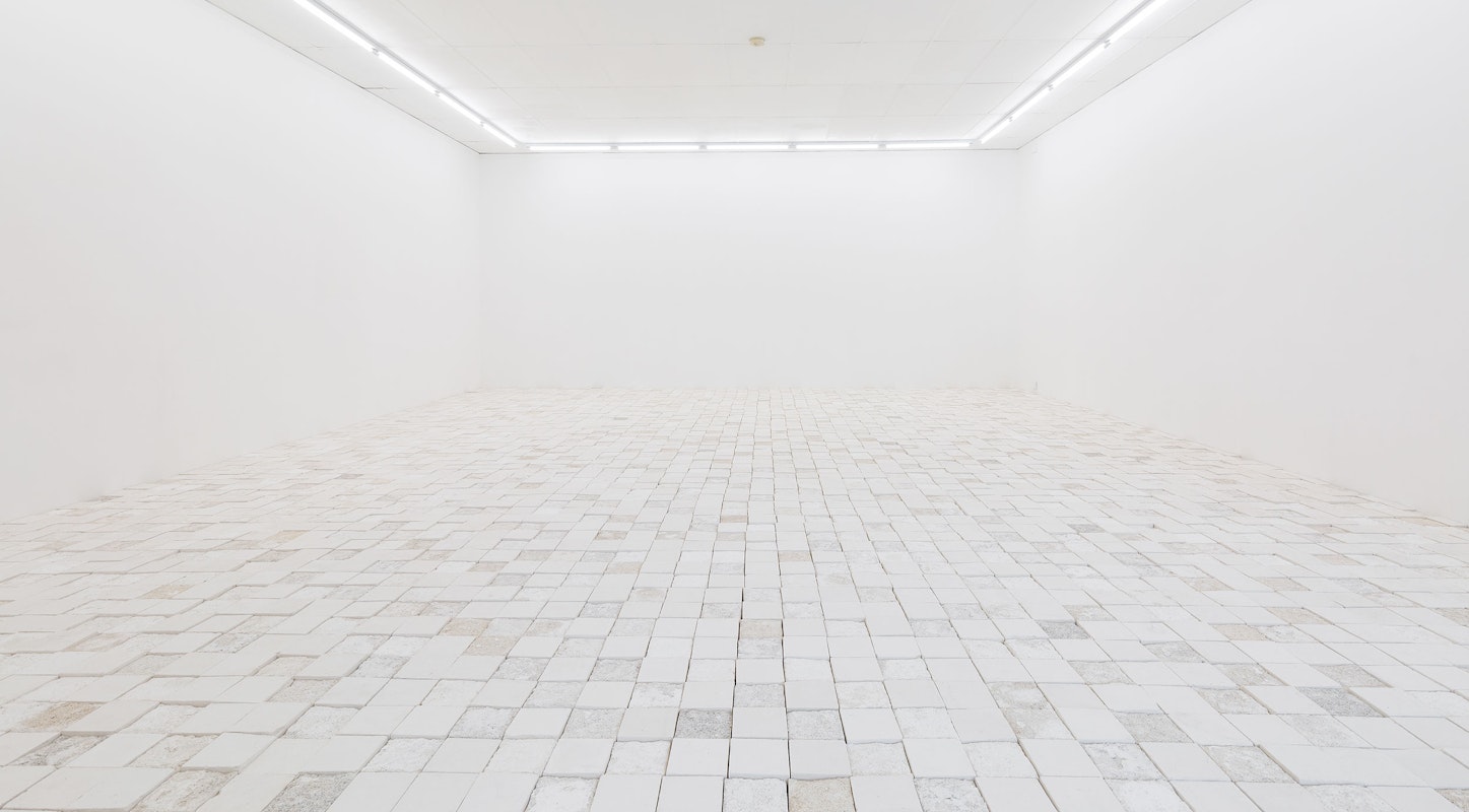 Installation view of 'And thank you to my baba for laying the timber floor' by Sarah Ujmaia, Marmoreum, presented at Gertrude Contemporary, 2024. Photo: Christian Capurro