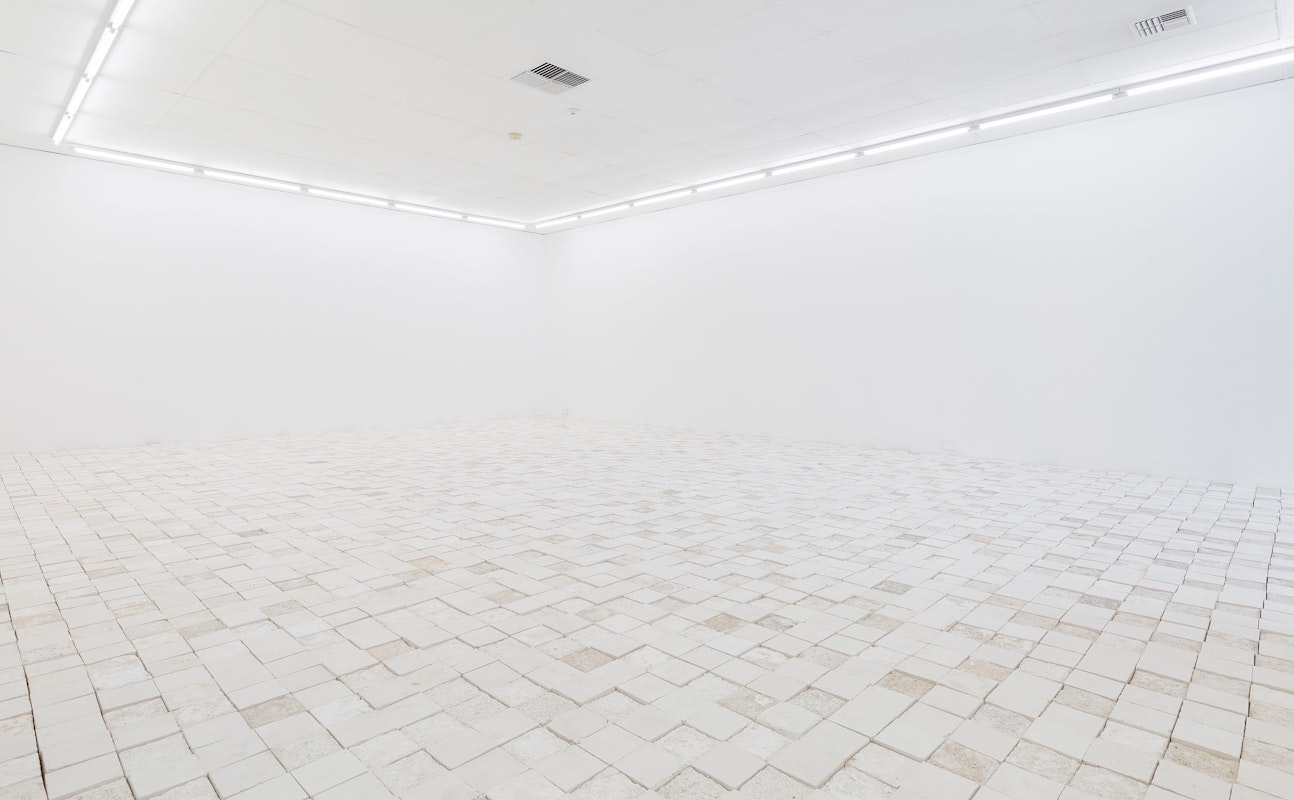 Installation view of 'And thank you to my baba for laying the timber floor' by Sarah Ujmaia, Marmoreum, presented at Gertrude Contemporary, 2024. Photo: Christian Capurro