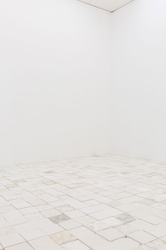 Installation view of 'And thank you to my baba for laying the timber floor' by Sarah Ujmaia, Marmoreum, presented at Gertrude Contemporary, 2024. Photo: Christian Capurro