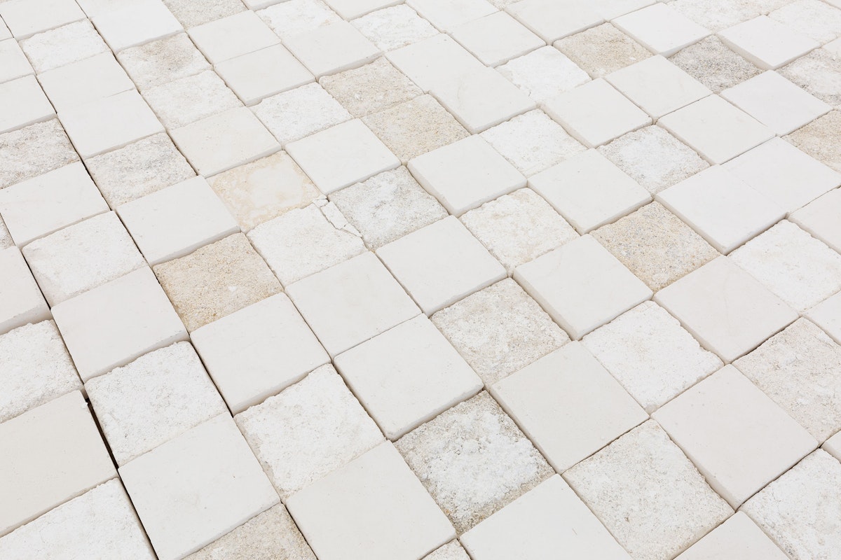 Installation view of 'And thank you to my baba for laying the timber floor' by Sarah Ujmaia, Marmoreum, presented at Gertrude Contemporary, 2024. Photo: Christian Capurro