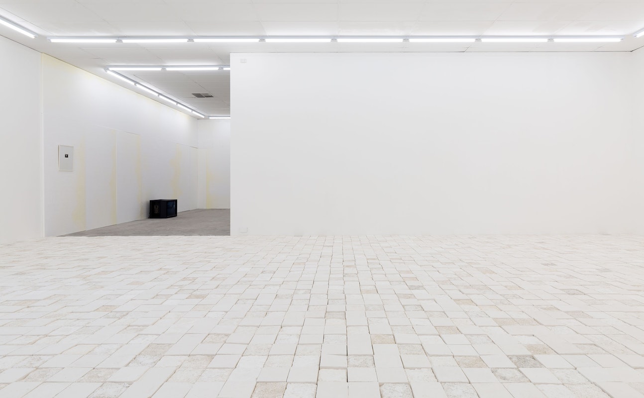 Installation view of 'And thank you to my baba for laying the timber floor' by Sarah Ujmaia, Marmoreum, presented at Gertrude Contemporary, 2024. Photo: Christian Capurro