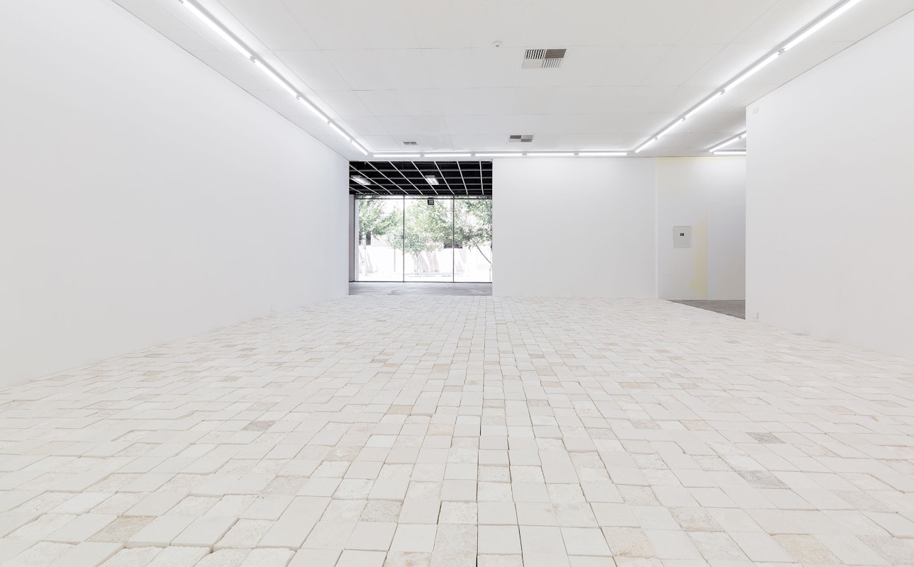 Installation view of  'And thank you to my baba for laying the timber floor' by Sarah Ujmaia, Marmoreum, presented at Gertrude Contemporary, 2024. Photo: Christian Capurro