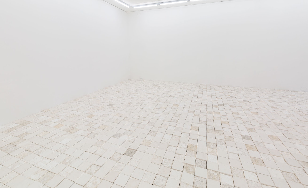 Installation view of 'And thank you to my baba for laying the timber floor' by Sarah Ujmaia, Marmoreum, presented at Gertrude Contemporary, 2024. Photo: Christian Capurro