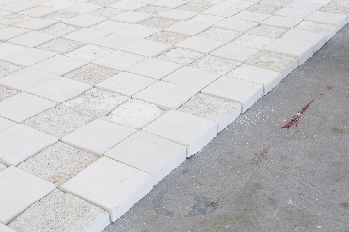 Installation view of 'And thank you to my baba for laying the timber floor' by Sarah Ujmaia, Marmoreum, presented at Gertrude Contemporary, 2024. Photo: Christian Capurro