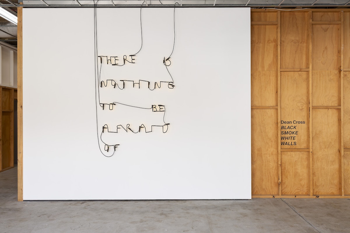 Installation view of Dean Cross, BLACK SMOKE WHITE WALLS, presented at Gertrude Contemporary, 2024. Photo: Christian Capurro