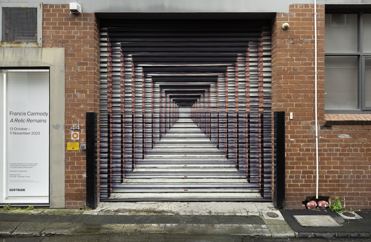 Installation view of the 2023 Glasshouse Roller Door Commission: At the end of the day, by Dan Moynihan, presented at Gertrude Glasshouse, 2023. Courtesy of the artist and Tolarno Galleries, Naarm Melbourne. Photo: Christian Capurro