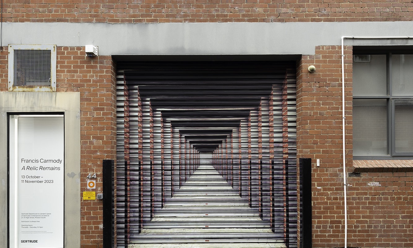 Installation view of the 2023 Glasshouse Roller Door Commission: At the end of the day, by Dan Moynihan, presented at Gertrude Glasshouse, 2023. Courtesy of the artist and Tolarno Galleries, Naarm Melbourne. Photo: Christian Capurro