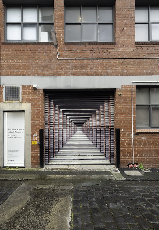 Installation view of the 2023 Glasshouse Roller Door Commission: At the end of the day, by Dan Moynihan, presented at Gertrude Glasshouse, 2023. Courtesy of the artist and Tolarno Galleries, Naarm Melbourne. Photo: Christian Capurro