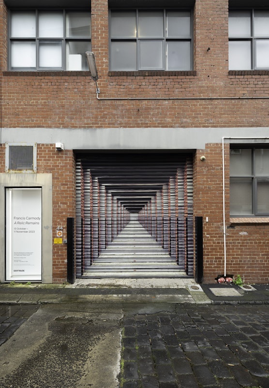 Installation view of the 2023 Glasshouse Roller Door Commission: At the end of the day, by Dan Moynihan, presented at Gertrude Glasshouse, 2023. Courtesy of the artist and Tolarno Galleries, Naarm Melbourne. Photo: Christian Capurro