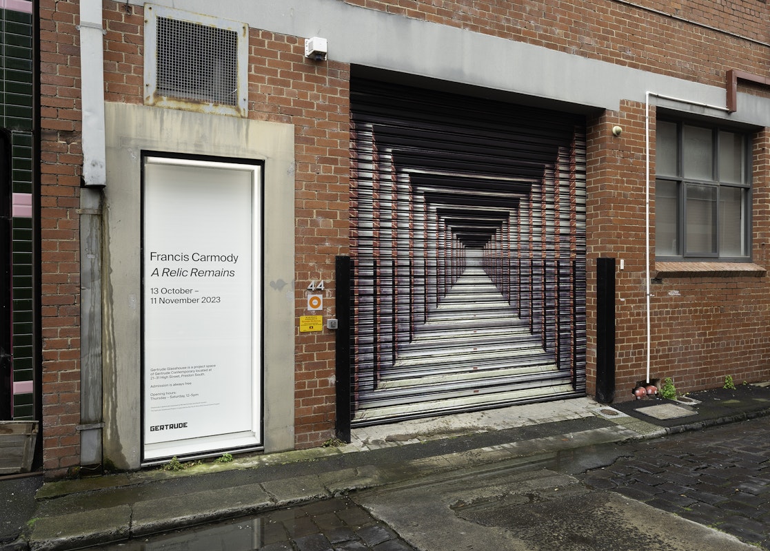 Installation view of the 2023 Glasshouse Roller Door Commission: At the end of the day, by Dan Moynihan, presented at Gertrude Glasshouse, 2023. Courtesy of the artist and Tolarno Galleries, Naarm Melbourne. Photo: Christian Capurro