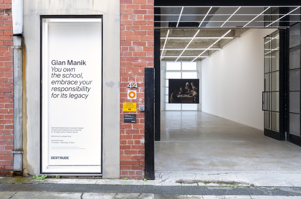 Installation view, Gian Manik, You own the school, embrace your responsibility for its legacy, presented at Gertrude Glasshouse, 2024. Courtesy of the artist and Sutton Gallery, Naarm Melbourne. Photo: Christian Capurro