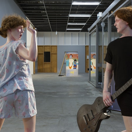 Installation view of Stupid As, curated by Alex Gawronski, featuring work by Ronnie van Hout and Salote Tawale, presented at Gertrude Contemporary 2024. Photo: Christian Capurro