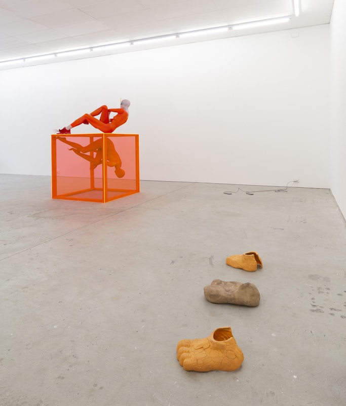 Installation view of Stupid As, curated by Alex Gawronski, featuring work by Justene Williams and Hany Armanious, presented at Gertrude Contemporary 2024. Photo: Christian Capurro