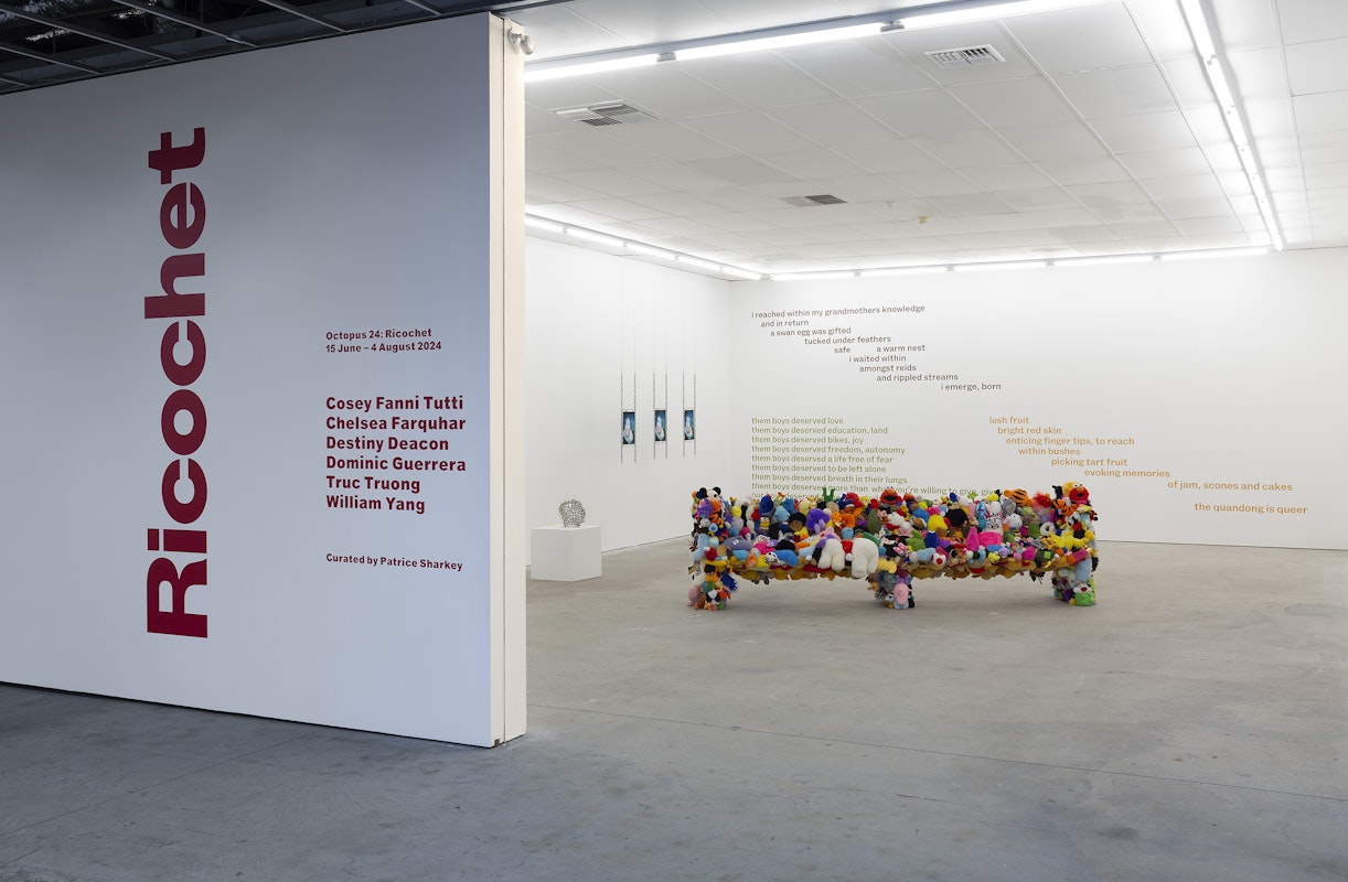 Installation view of Octopus 24: Ricochet curated by Patrice Sharkey, featuring works by Truc Truong, Dominic Guerrera and Chelsea Farquhar, presented at Gertrude Contemporary, 2024. Photo: Christian Capurro.