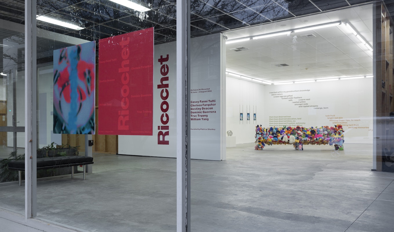 Installation view of Octopus 24: Ricochet curated by Patrice Sharkey, featuring design by Tyrone Ormsby, presented at Gertrude Contemporary, 2024. Photo: Christian Capurro.