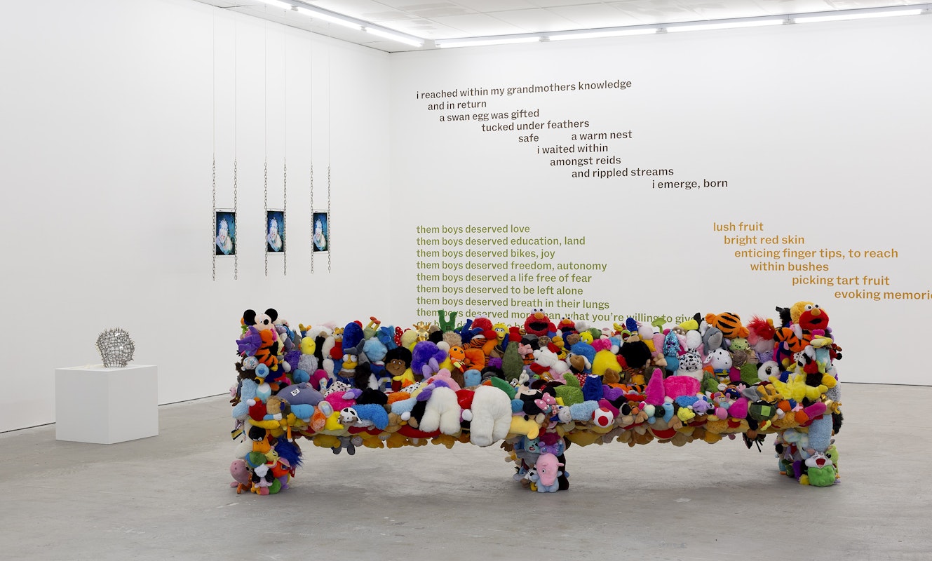 Installation view of Octopus 24: Ricochet curated by Patrice Sharkey, featuring works by Truc Truong, Dominic Guerrera and Chelsea Farquhar, presented at Gertrude Contemporary, 2024. Photo: Christian Capurro.