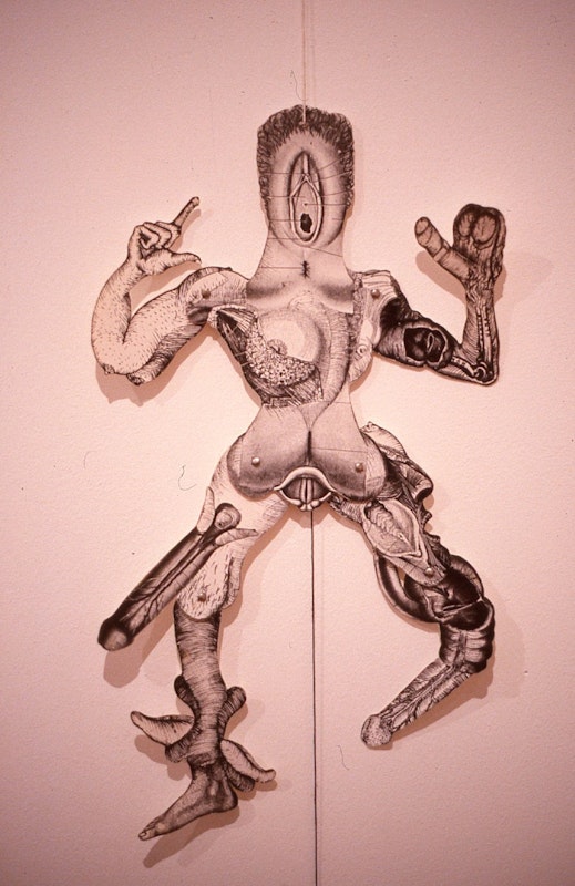 Installation view of The Gothic: Perversity and its Pleasure, curated by Robyn McKenzie, featuring work by Fiona Hall, presented at 200 Gertrude Street, 1987. Courtesy of the Gertrude Archive.