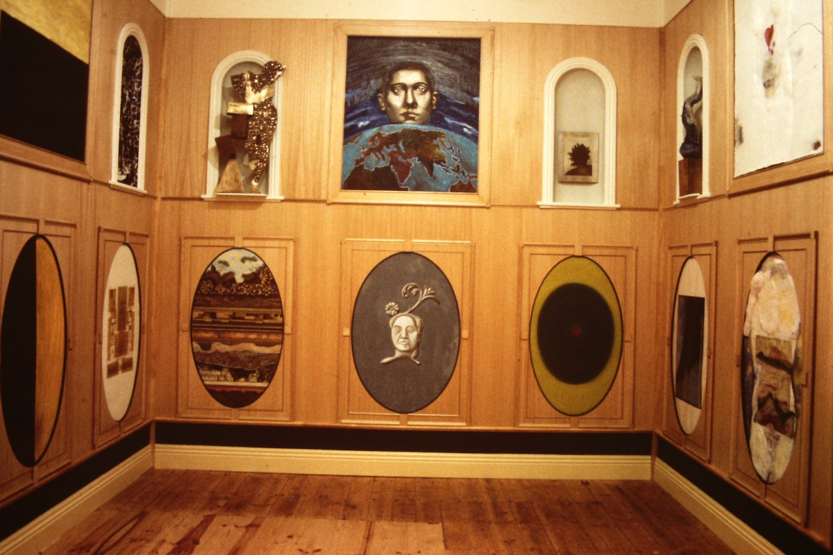 Installation view of Vasari revisited : a Kunstkammer in Melbourne, curated by Michael Graf, presented at 200 Gertrude Street, 1988-1989.  Photo courtesy of the Gertrude Archive.