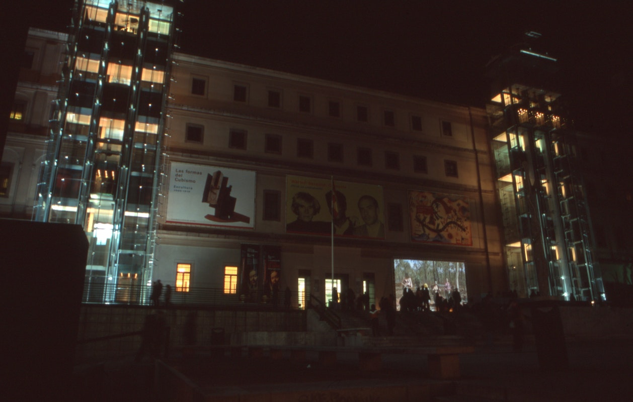 View of the façade of the Reina Sofia Museum during screen life: videos from australia, first presented in 2002-2003. Featuring work by A Constructed World. Supported by the Australia Council, the South Australian Government and Arts SA and Arts Victoria. Photo courtesy of the Gertrude Archive.