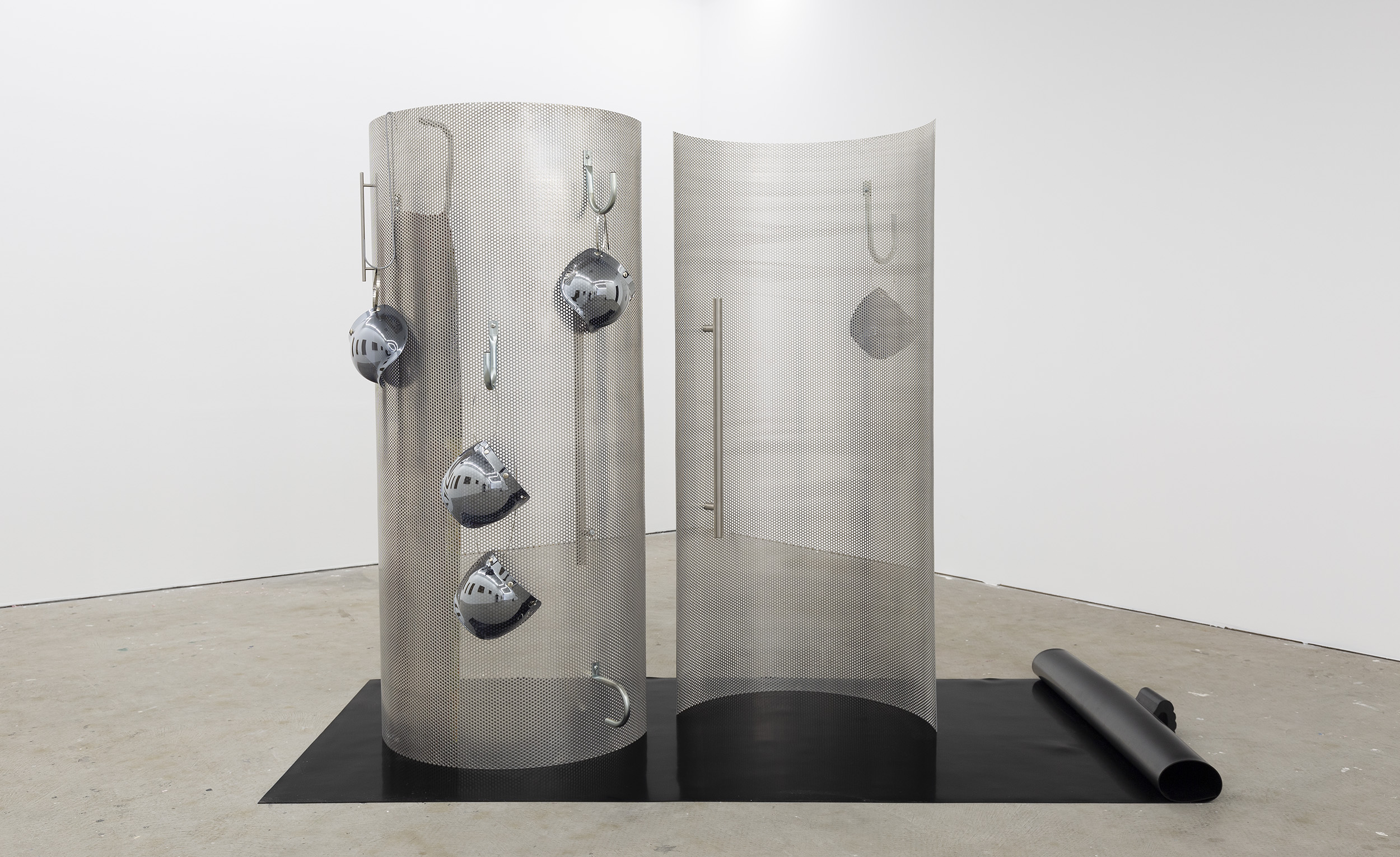 Burchill/McCamley, Reflectors and Absorbers, 2016, installation view, And This Time the Well Is Alive, Gertrude Contemporary, Naarm Melbourne, 2024, perforated aluminium, stainless steel, mirrored Perspex, rubber, image courtesy the artists and Neon Parc, Naarm Melbourne © the artists, photograph: Christian Capurro
