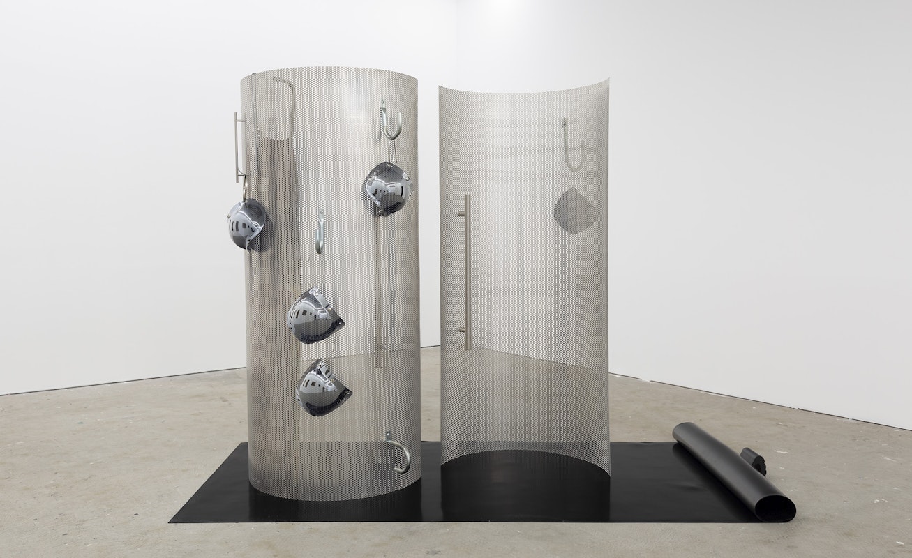 Burchill/McCamley, Reflectors and Absorbers, 2016, installation view, And This Time the Well Is Alive, Gertrude Contemporary, Naarm Melbourne, 2024, perforated aluminium, stainless steel, mirrored Perspex, rubber, image courtesy the artists and Neon Parc, Naarm Melbourne © the artists, photograph: Christian Capurro