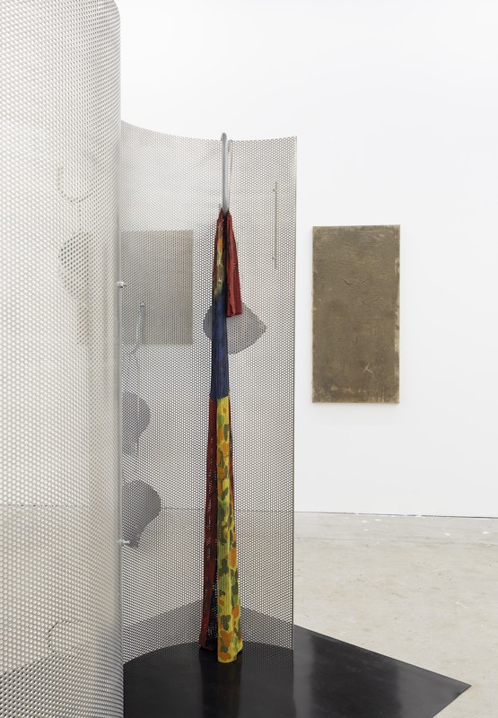 Burchill/McCamley, Reflectors and Absorbers (detail), 2016, perforated aluminium, stainless steel, mirrored Perspex, rubber; Darcy Wedd, Untitled I, 2022, dust (aluminium, steel, wood, acrylic, copper, brass, micarta), lemel, clear gum glue, PVA, varnish on canvas, installation view, And This Time the Well Is Alive, Gertrude Contemporary, Naarm Melbourne, 2024, image courtesy and © the artists, photograph: Christian Capurro