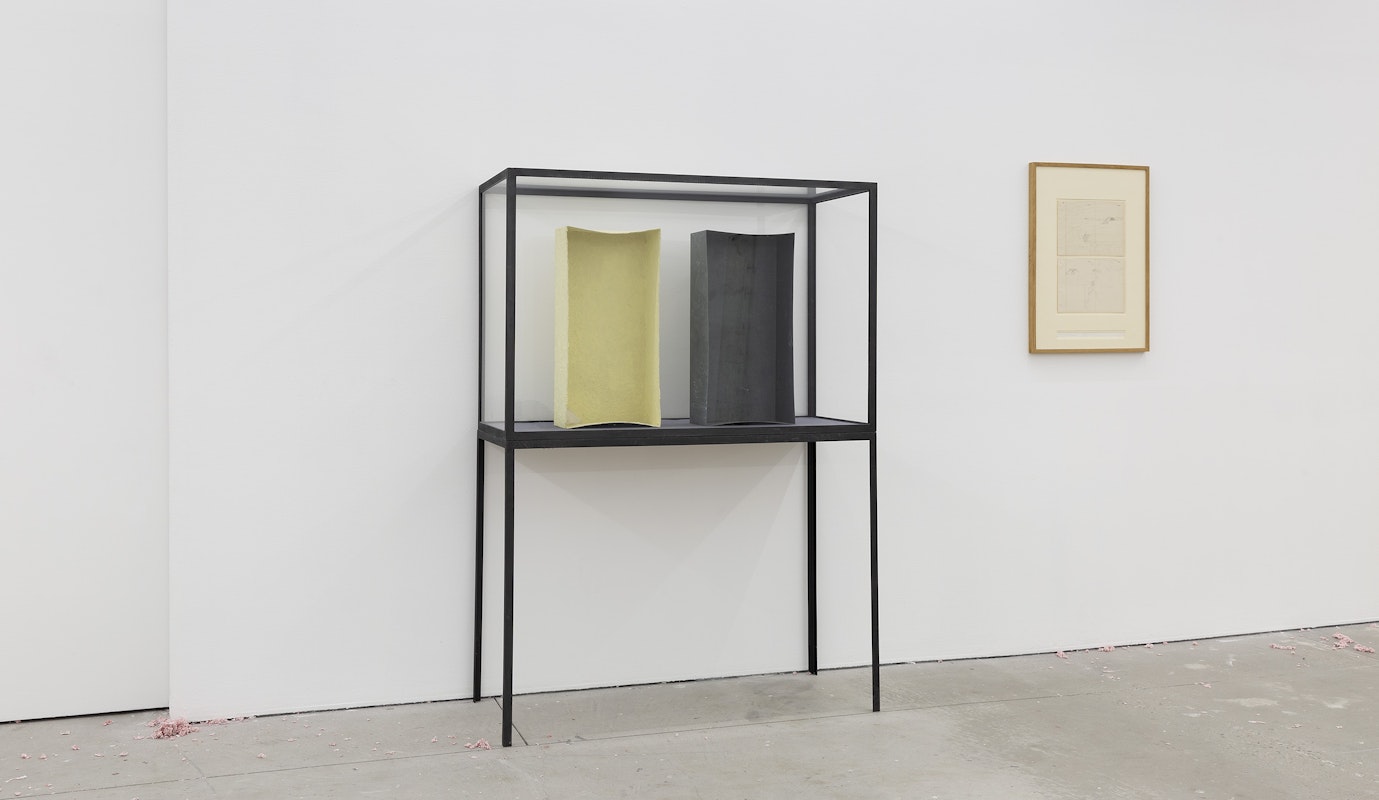 Joseph Beuys, Mit Schwefel überzogene Zinkkiste (tamponierte Ecke), 1970, sheet zinc, sulphur, gauze; stamped, Akkumulatoren Doppelblatt, 1959, drawing, framed, Arndt Collection, Athens, Berlin and Melbourne, installation view, And This Time the Well Is Alive, Gertrude Contemporary, Naarm Melbourne, image courtesy and © Joseph Beuys Estate, photograph: Christian Capurro