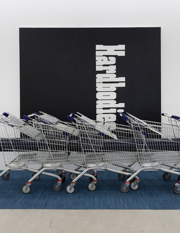 Alexandra Peters, Bottleneck, 2024: Hardbodies I, 2024, acrylic on canvas, Foreign Line Extraction IV (Mains) (detail), 2024, vinyl, polyurethane ‘open cell’ foam and pine, enamel on ductile iron, acrylic, shopping trollies, Leg Over Leg (detail), 2024, commercial carpet tiles, installation view, And This Time the Well Is Alive, Gertrude Contemporary, Naarm Melbourne, 2024, image courtesy and © the artist, photograph: Christian Capurro