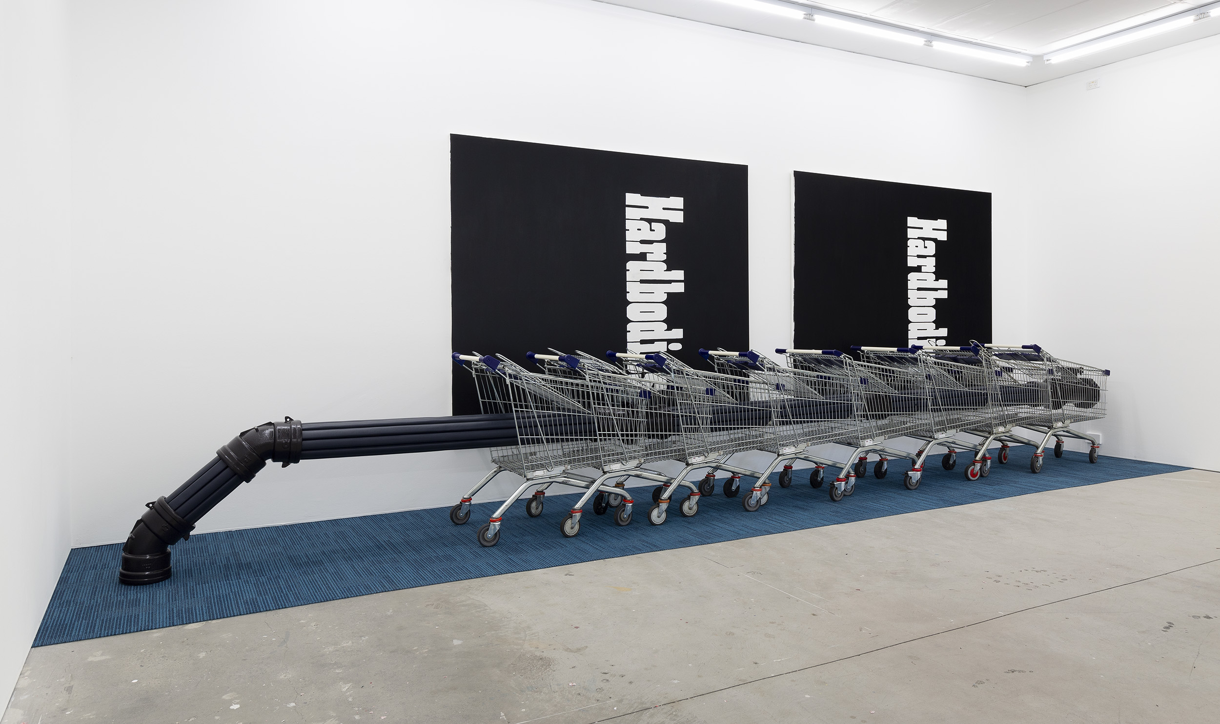 Alexandra Peters, Bottleneck, 2024: Foreign Line Extraction IV (Mains), 2024, vinyl, polyurethane ‘open cell’ foam and pine, enamel on ductile iron, acrylic, shopping trollies, Leg Over Leg, 2024, commercial carpet tiles, Hardbodies I, 2024, acrylic on canvas, Hardbodies II, 2024, acrylic on canvas, installation view, And This Time the Well Is Alive, Gertrude Contemporary, Naarm Melbourne, 2024, image courtesy and © the artist, photograph: Christian Capurro