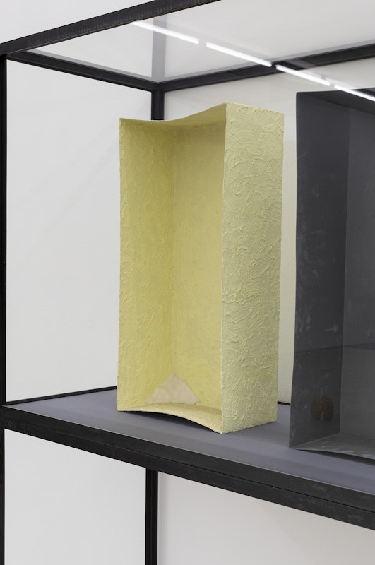 Joseph Beuys, Mit Schwefel überzogene Zinkkiste (tamponierte Ecke) (detail), 1970, installation view, And This Time the Well Is Alive, Gertrude Contemporary, Naarm Melbourne, 2024, sheet zinc, sulphur, gauze; stamped, Arndt Collection, Athens, Berlin and Melbourne, image courtesy and © Joseph Beuys Estate, photograph: Christian Capurro